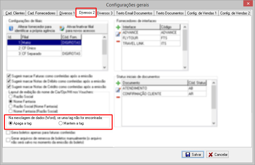 Configuração de mesclagem de dados para apagar ou manter tags não encontradas no documento