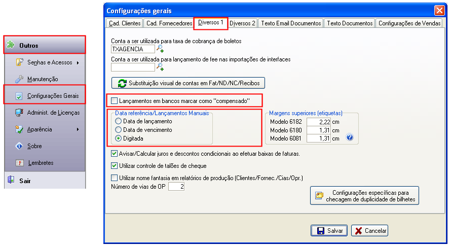 Tela de configuração referente aos campos data e compensado para lançamento manual