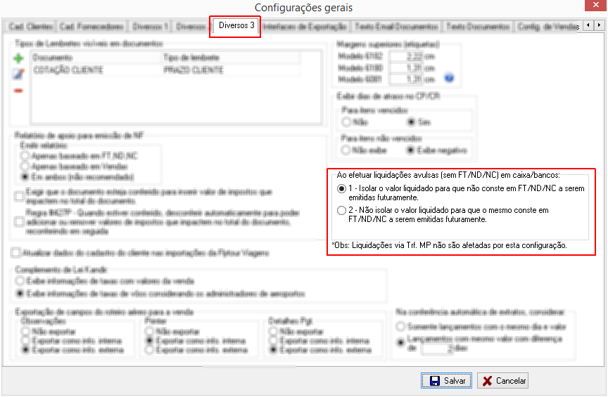 Configuração de liquidações avulsas