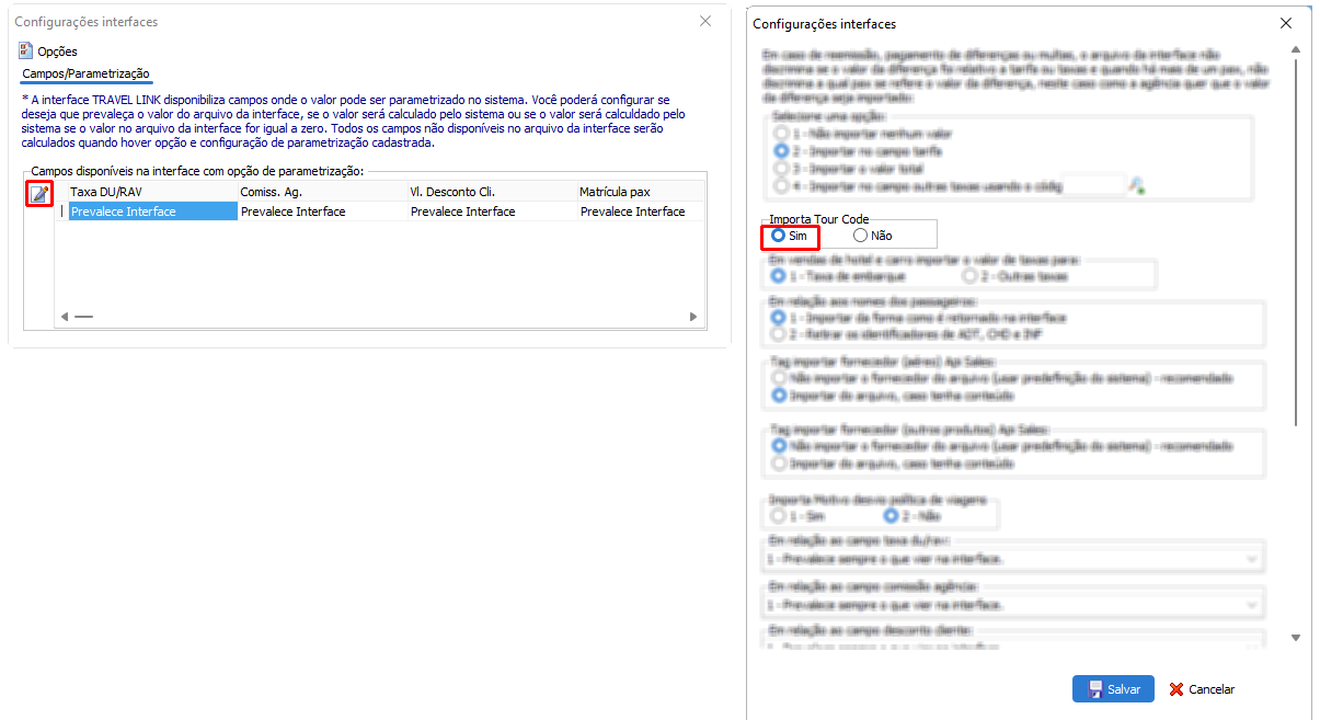 Exemplo do acesso das configura&ccedil;&otilde;es de importa&ccedil;&atilde;o do TourCode