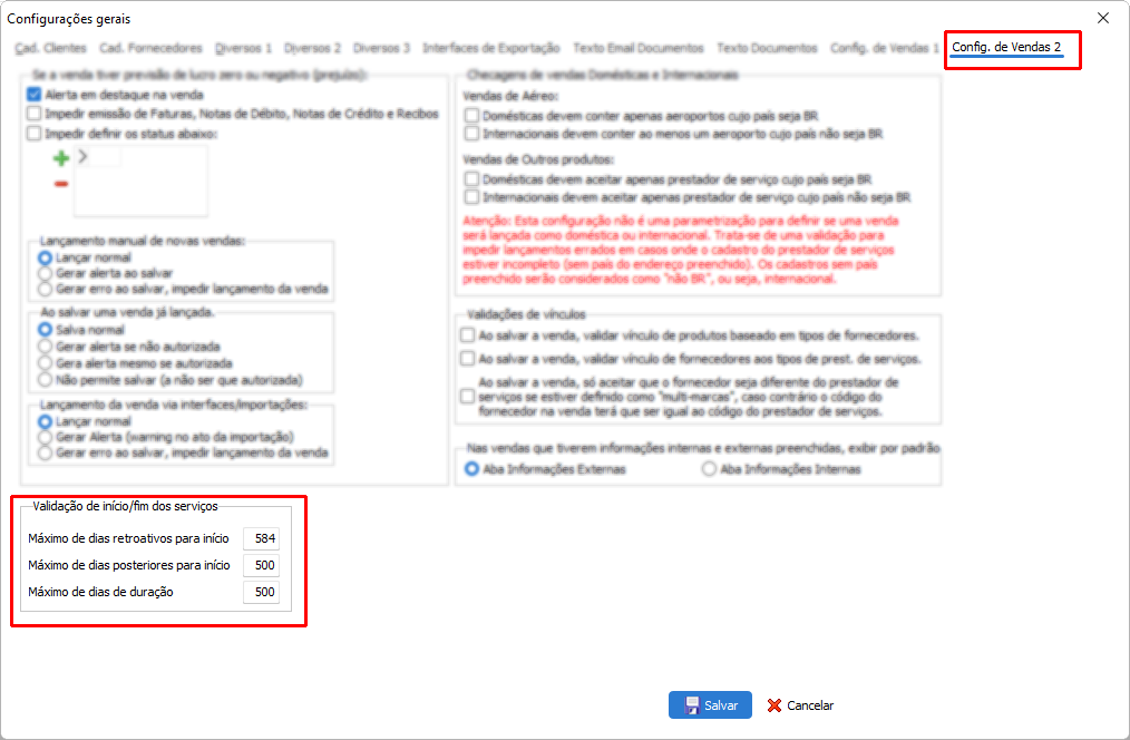 Configuração de validação do período de inicio e fim de serviços