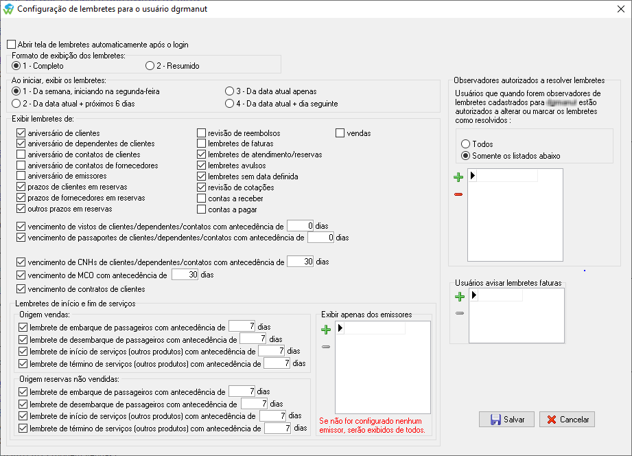 Configurando visualização de lembretes