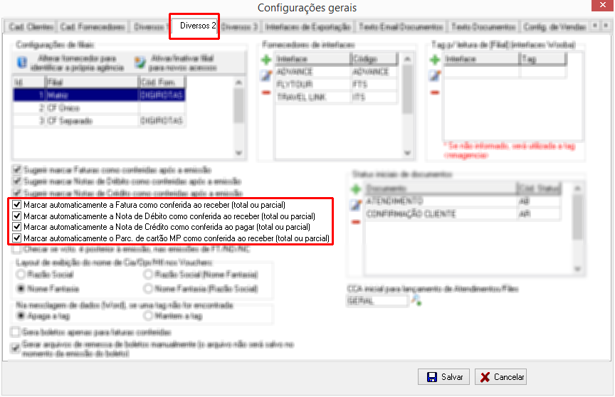 Configuração gerall para marcar automaticamentos como conferidos ao receber total ou parcial.