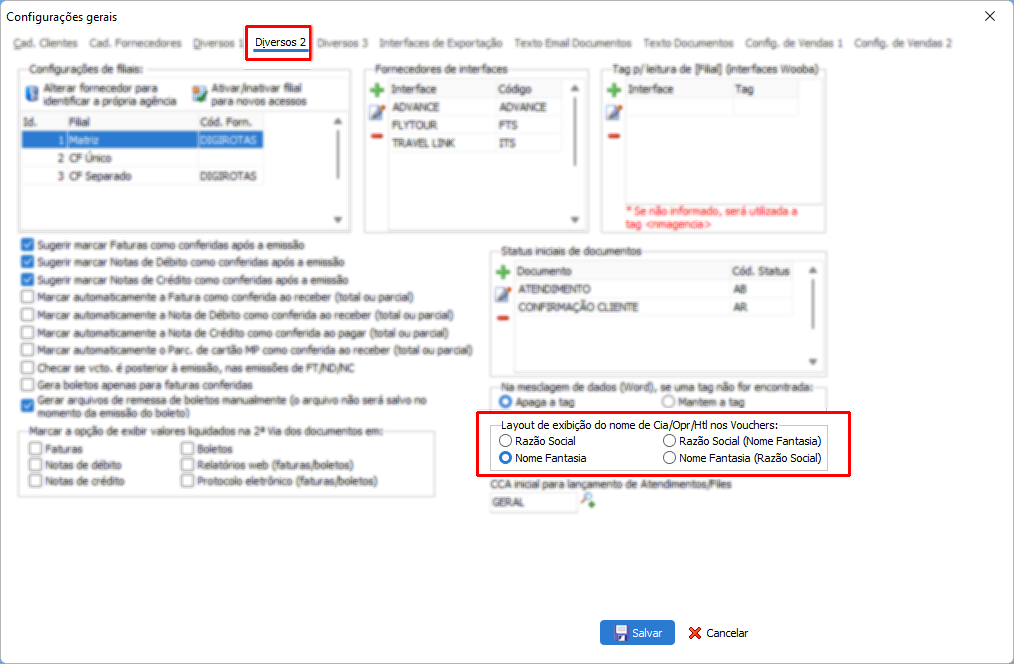 Configuração da exibição do nome do prestador de serviço no Voucher de vendas