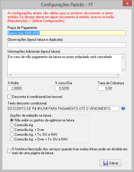 Módulo para configuração padrão de faturas