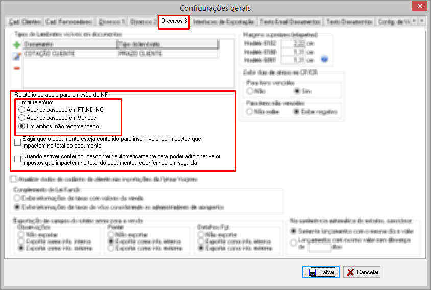 Opções para exibir o relatório de apoio a NF