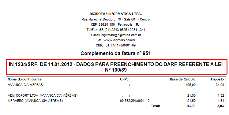 Texto do cabeçalho do complemento de faturas com kandir