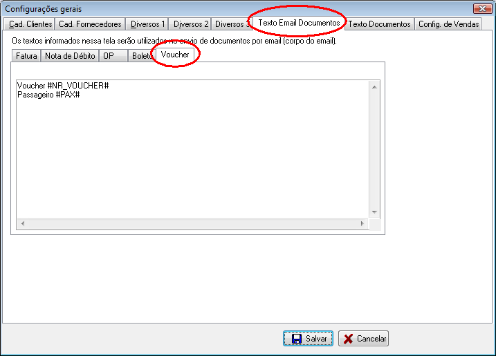 Configuração do texto de e-mail do voucher de venda