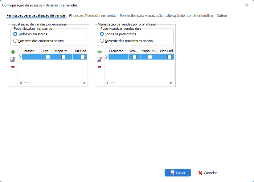 Configurações de acesso Geral do usuário