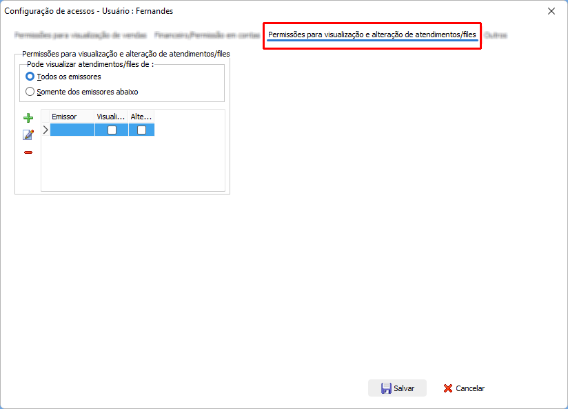 Configurações geral do usuário para permissões de acesso aos atendimentos/files por filial