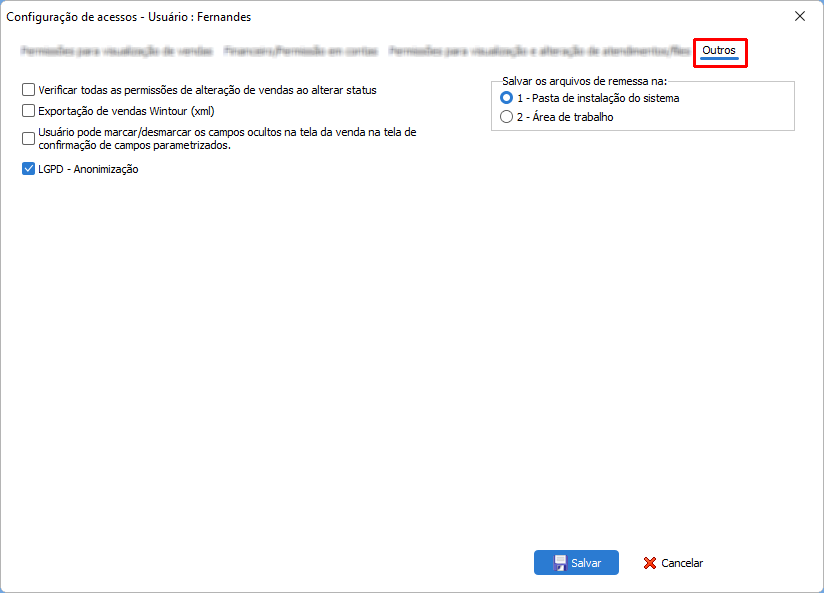 Configurações de acesso Geral do usuário para outras configurações