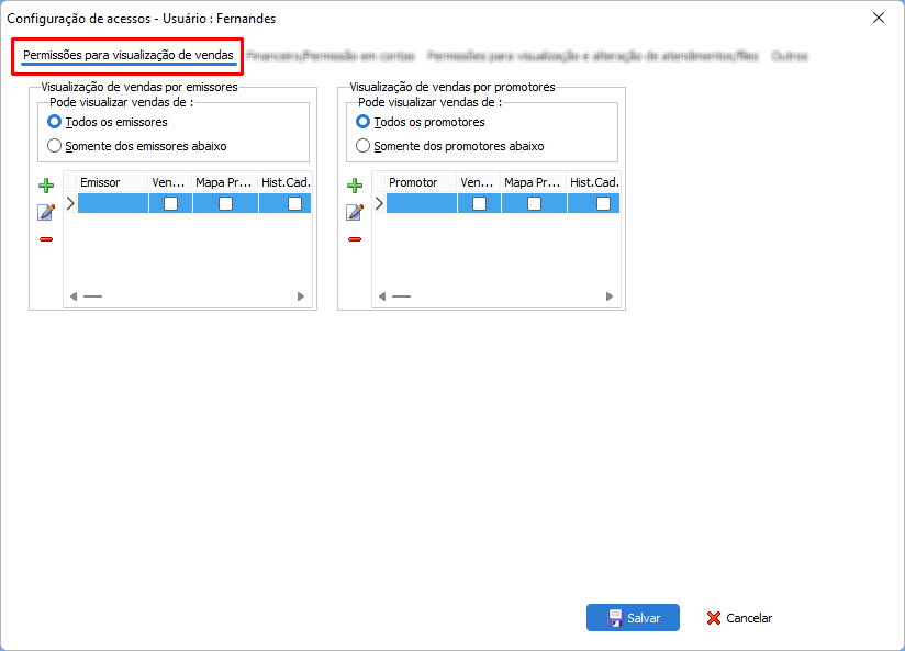 Configurações de acesso Geral do usuário