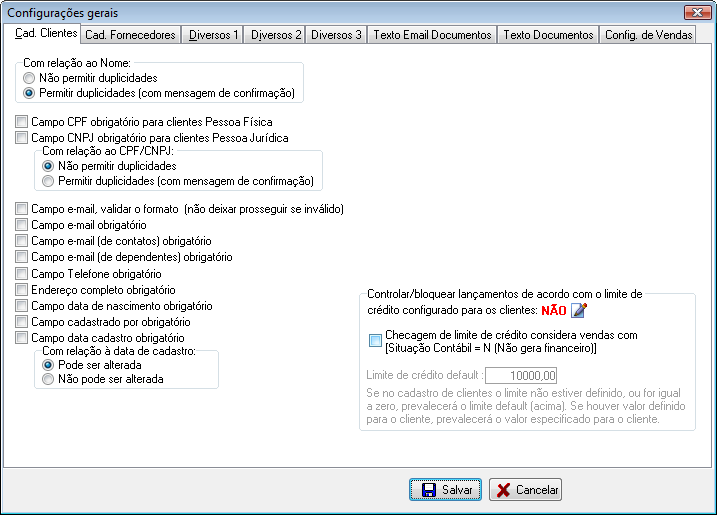 Configurações adicionais de cadastro de clientes