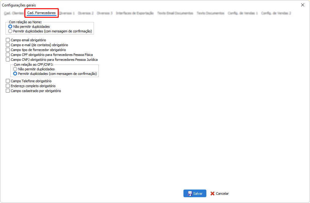 Configurações adicionais do cadastro de fornecedores