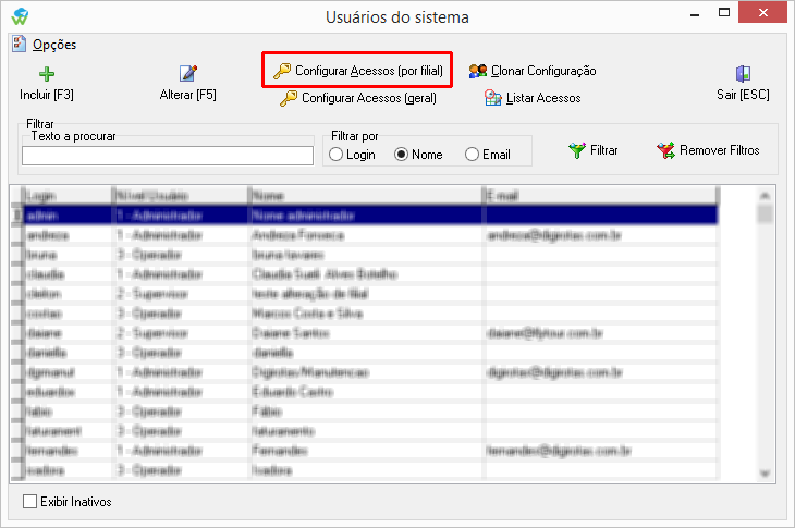 Acesso às configuração de acessos (por filial)