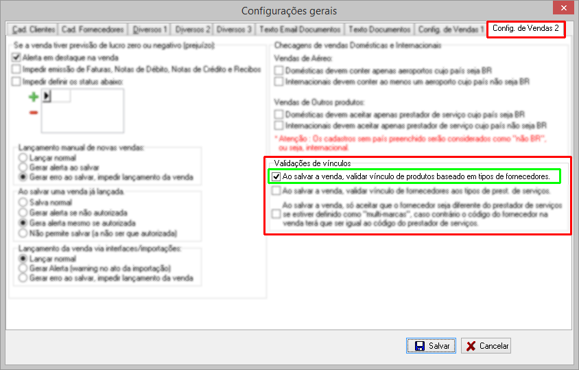 Habilitação da validações de vínculos de produtos com o tipo de fornecedores