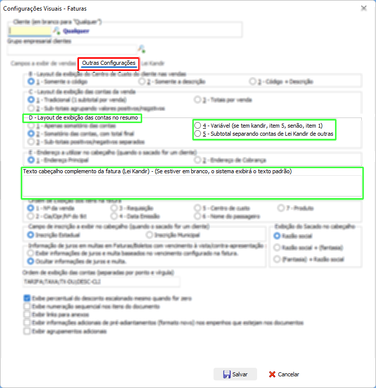 Guia Outras configurações para ajuste visual da kandir na fatura