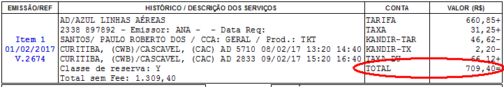 Exibição do textoTotal para o somatório das contas para cada item presentes no documento.