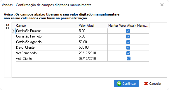 Tela de confirmação de campos de vendas parametrizáveis que foram digitados manualmente