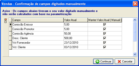 Tela de confirmação dos campos digitados manualmente