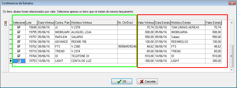 Pré-tela para conferência de extrato.