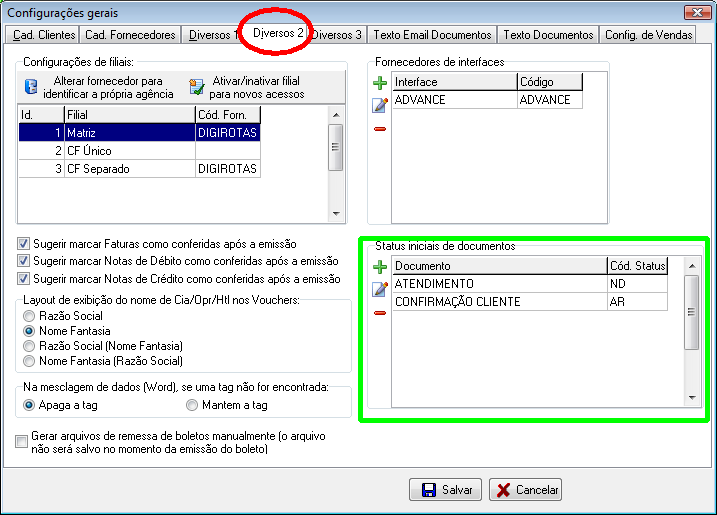 Configuração do status inicial dos documentos