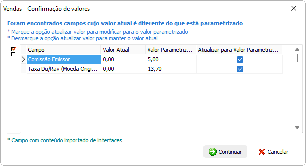 Tela de confirmação de valores parametrizados