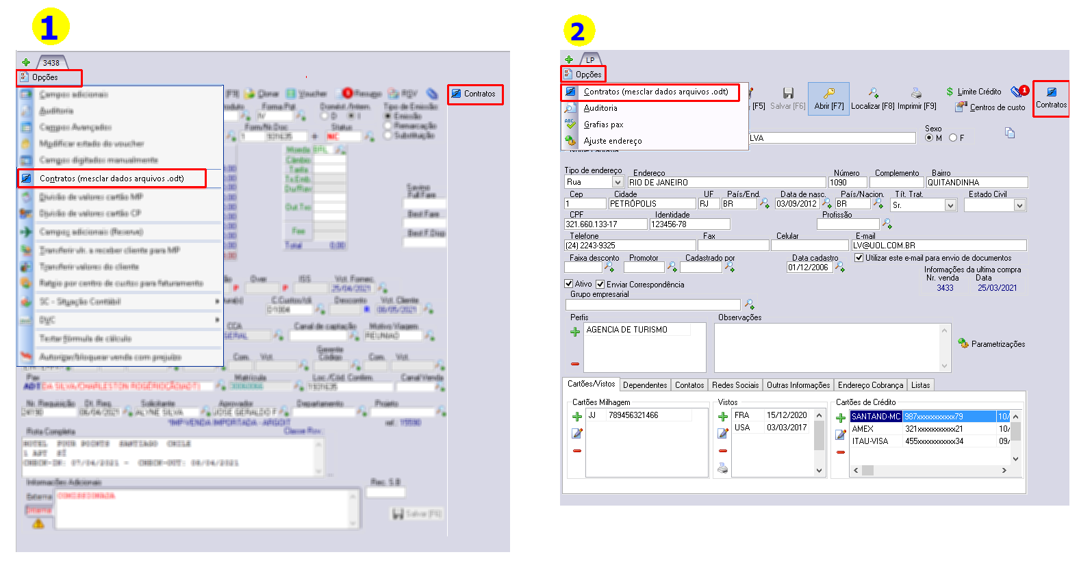 Acesso ao contrato a partir do módulo de vendas (1) e do cadastro de clientes (2)