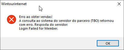 Mensagem de erro de credenciais inválidas retornada pelo servidor da TBO