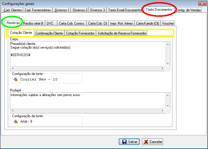 Configuração do rodapé de documentos de reserva