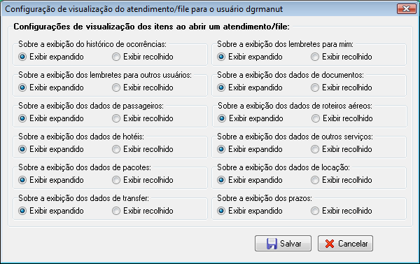 Configurações de visualização dos itens de atendimento