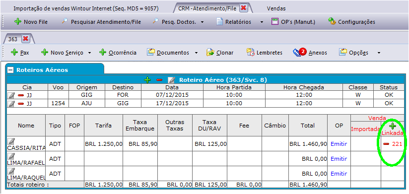 Tela para seleção do passageiro da venda que será linkada no CRM.
