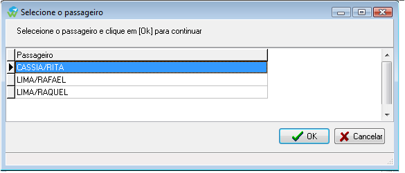 Tela para seleção do passageiro da venda que será linkada no CRM.