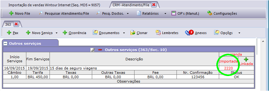 Número da venda gerada após a importação do serviço.