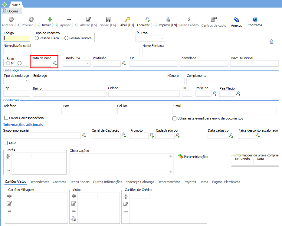 O campo data de nascimento de cliente físico é exibido como lembrete de aniversariantes.