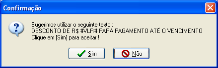 Tela de confirmação da inclusão do texto desconto condicional