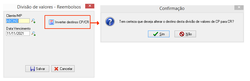 Destino (Contas a pagar/receber) da divisão de valores