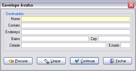 Tela para incluir as informações do destinatário do envelpe