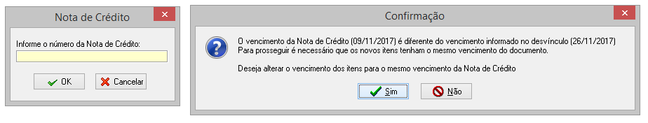 Mensagens exibidas durante a inclusão do valor desvinculado em um novo documento.