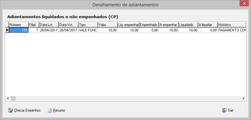Detalhe de adiantamentos liquidados e não empenhados
