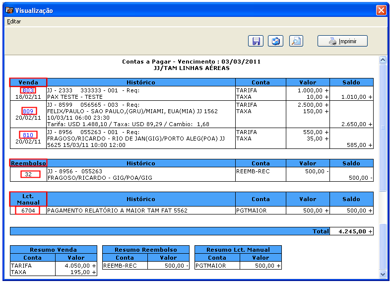 Tela de detalhamento de valores simplificado