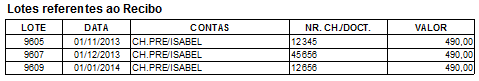 Detalhamento dos lotes dos cheques no recibo consolidado