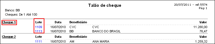 Relatório de detalhamento de cheques com mais de uma baixa no mesmo cheque