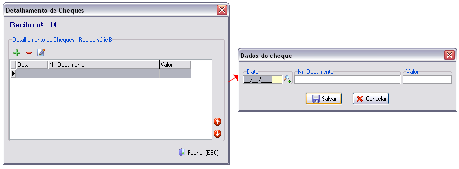 Detalhamento de cheques no recibo série B