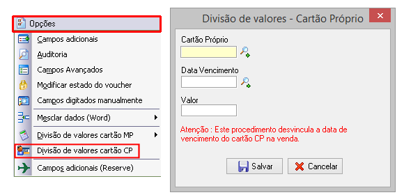 Mensagem de erro exibida após tentativa de divisão de valor maior do que o total pendente