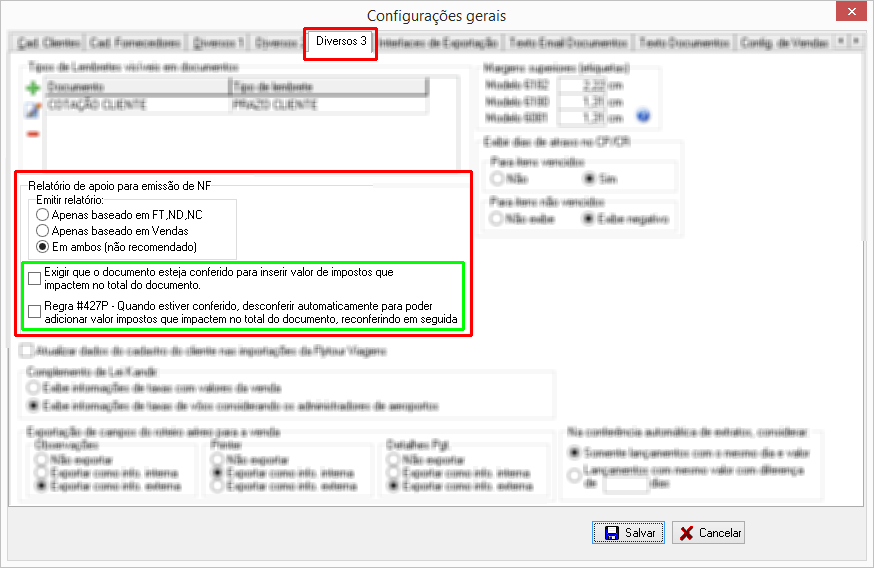 Configurações de conferência para o relatório de apoio NFe baseado nos documentos