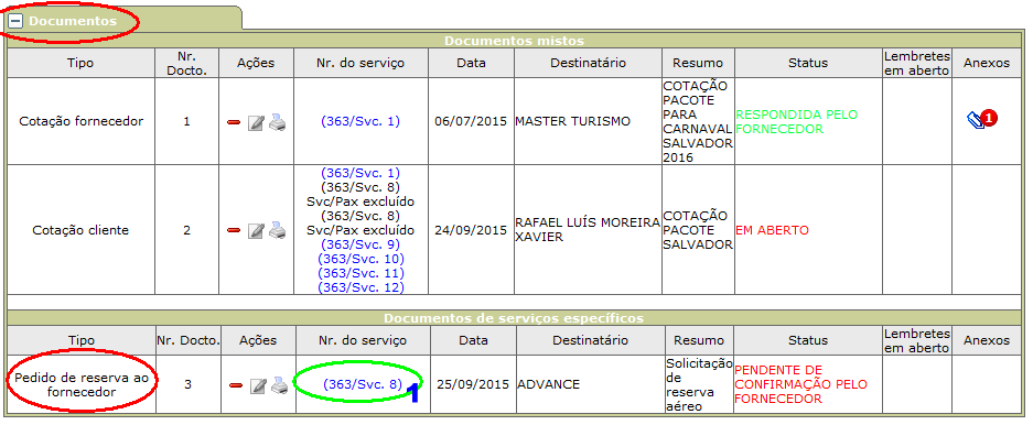 Pedido de reserva cadastrado na guia documentos da Ficha de atendimentos