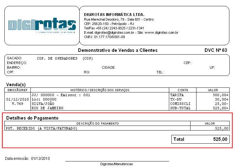 Tela exibindo o documento DVC