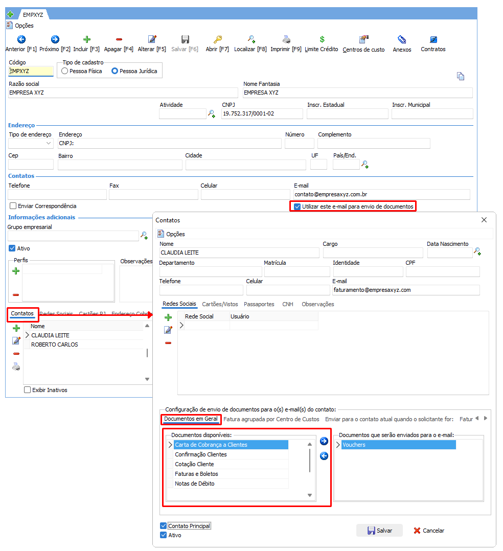 Exibir e-mail principal como sugestão para envio dos documentos disponiveis no cadastro dos contatos.