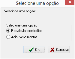 Seleção de opções do recálculo de comissionamento